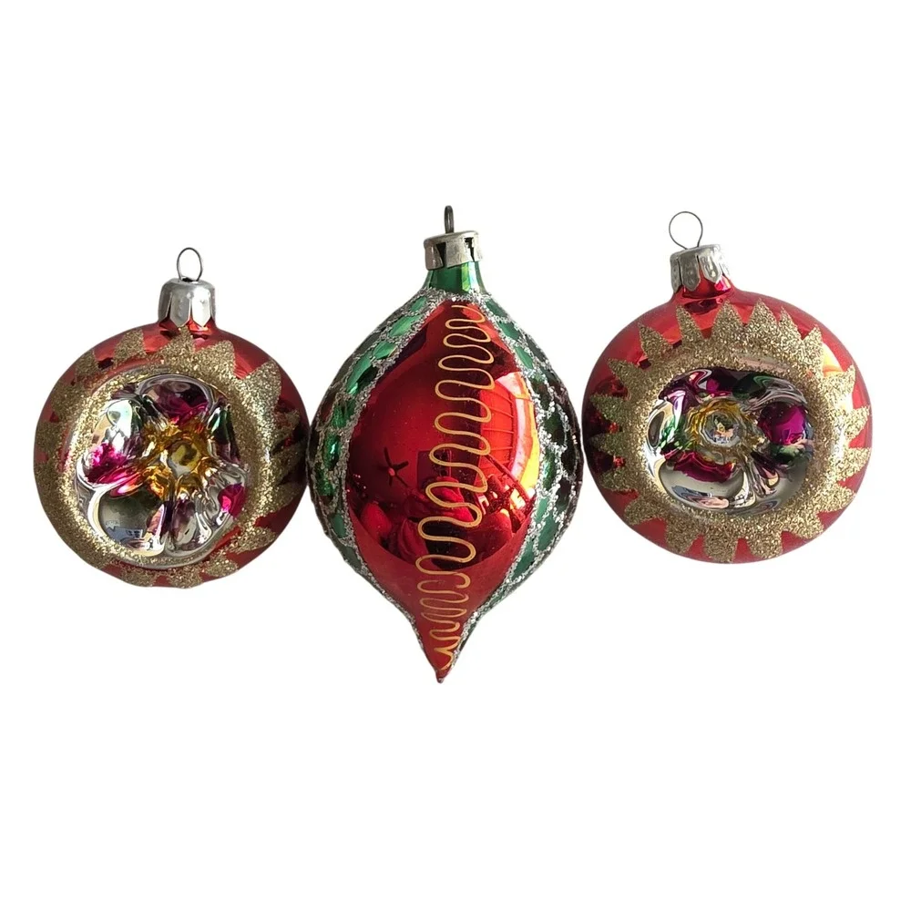 Vintage Glass Christmas Ornaments Red Green 2 Indent + 1 Teardrop Set of 3 Total